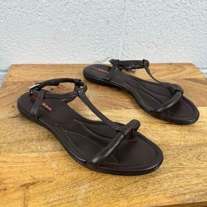 Prada Dark Brown Leather T-Strap Flat Sandals Size 38